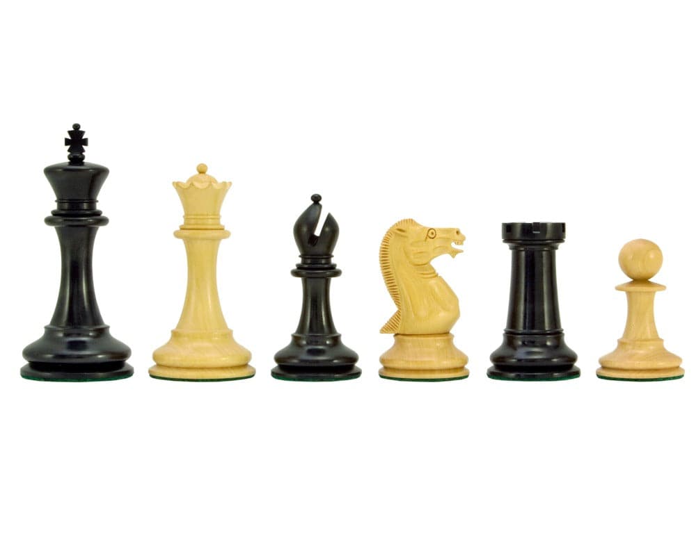 Old English Elite Series Ebony Staunton Chess Pieces set including king, queen, bishop, knight, rook, and pawn.
