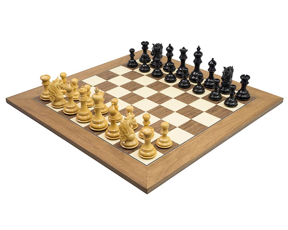 Cavalry Ebony & Walnut Luxury Chess Set with 4.25 inch King on a 21.7 inch walnut and maple board
