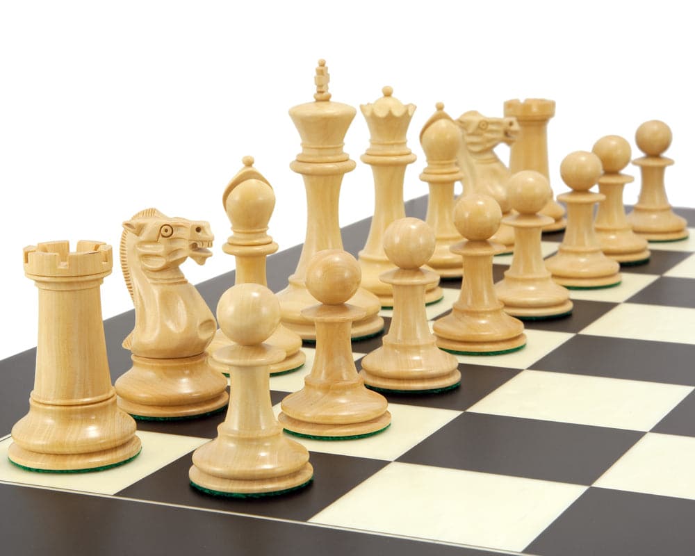 Old English Elite Ebony and Black Luxury Chess Set showing classic Staunton pieces on Black and Maple Deluxe Chessboard