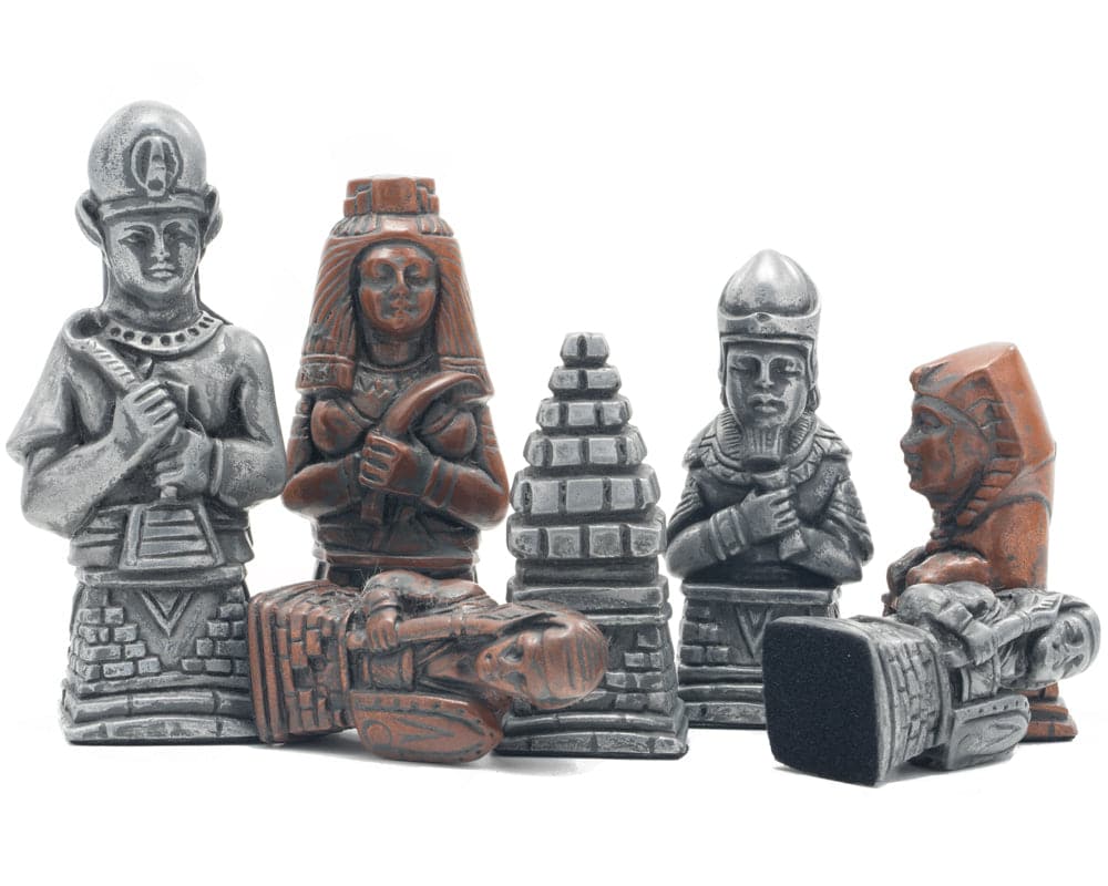 Berkeley Chess Egyptian Metallic Chess Men in silver and copper finish showcasing intricate and historic designs.