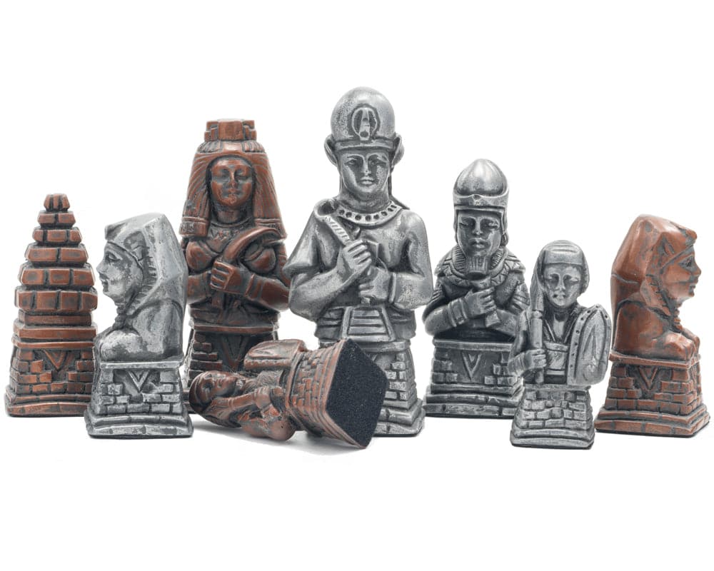 Berkeley Chess Egyptian Metallic Chess Men in silver and copper finish. Intricately sculpted, heavy stone resin pieces depicting Ancient Egyptian figures.