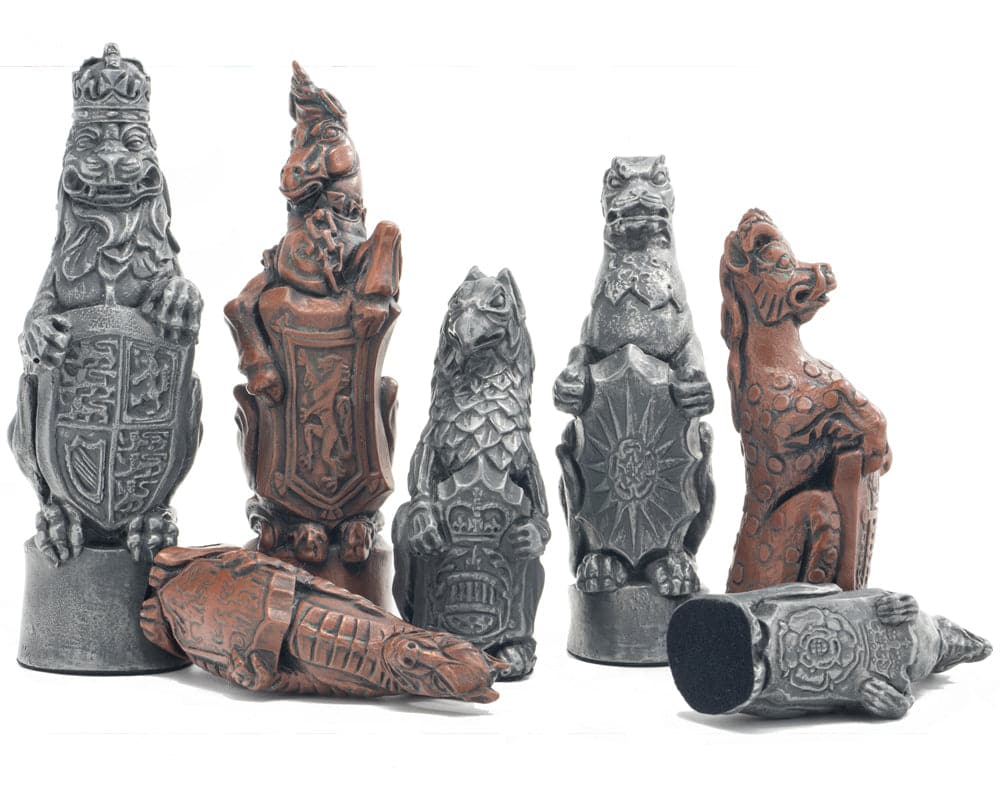 Berkeley Chess Royal Beast Metallic Chess Men with intricately sculpted UK-made designs and a metallic finish representing the Royal Beasts