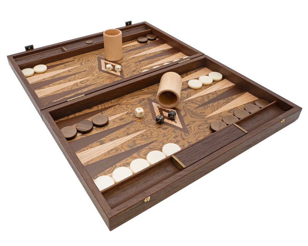 The Manopoulos Luxury Walnut Burl and Wenge Backgammon Set with Luxury Cups