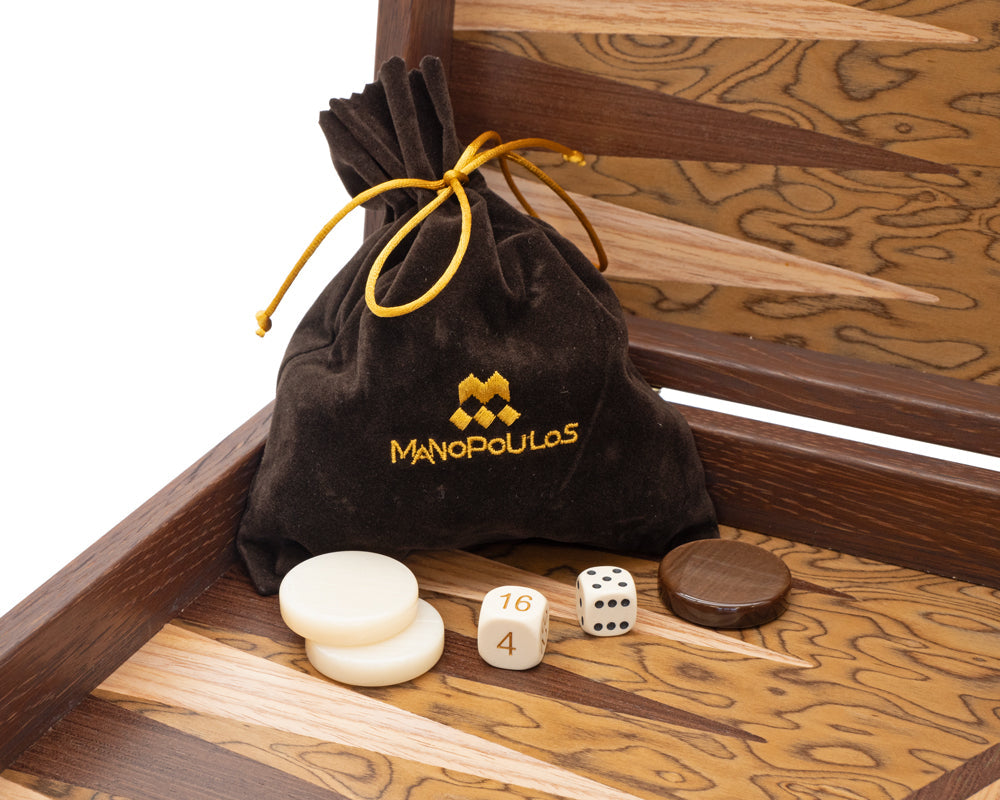 The Manopoulos Luxury Walnut Burl and Wenge Backgammon Set with Luxury Cups