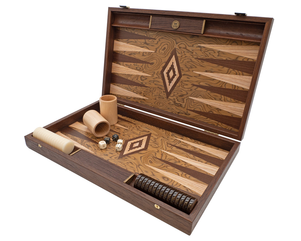 The Manopoulos Luxury Walnut Burl and Wenge Backgammon Set with Luxury Cups