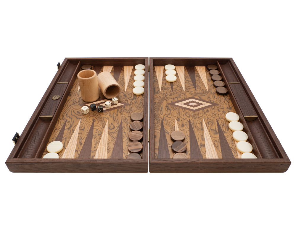 The Manopoulos Luxury Walnut Burl and Wenge Backgammon Set with Luxury Cups