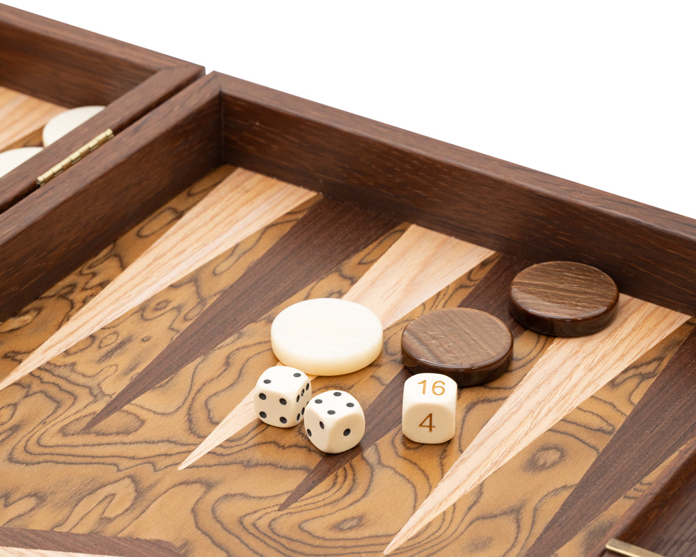 The Manopoulos Luxury Walnut Burl and Wenge Backgammon Set with Luxury Cups