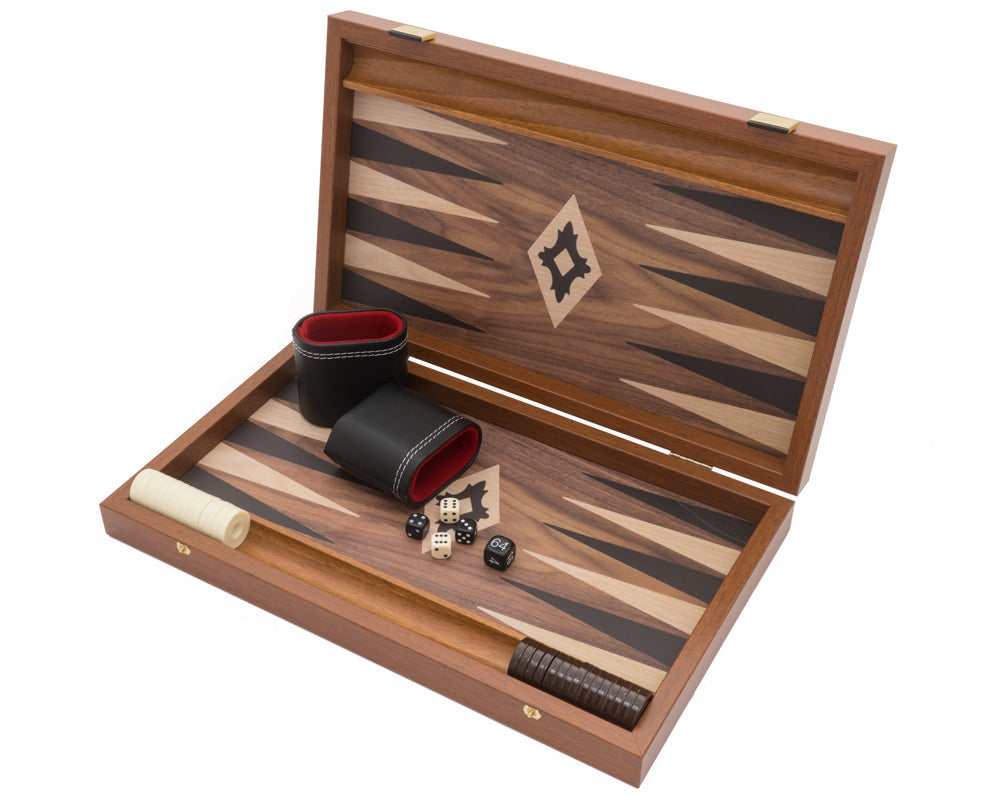 The Manopoulos Walnut Black and Oak Club Compact Backgammon Set with Vinyl Deluxe Cups