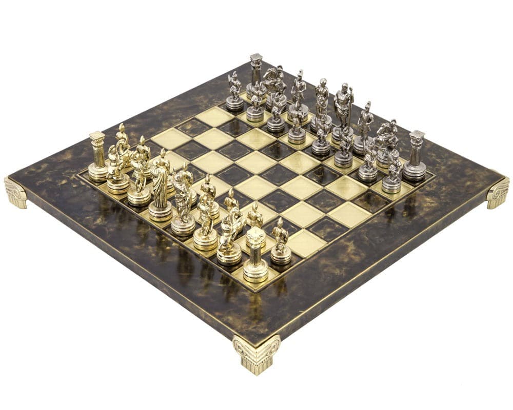 Manopoulos Greek Roman Army metal chess set with brass and nickel pieces on a wooden case chess board