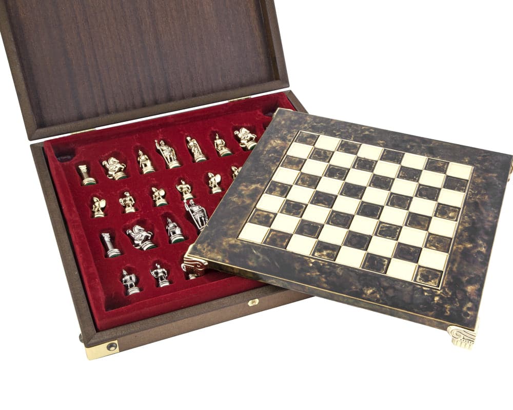 Greek Roman Army Chess Set Brass Nickel Pawns - Brown chess hotsell Board