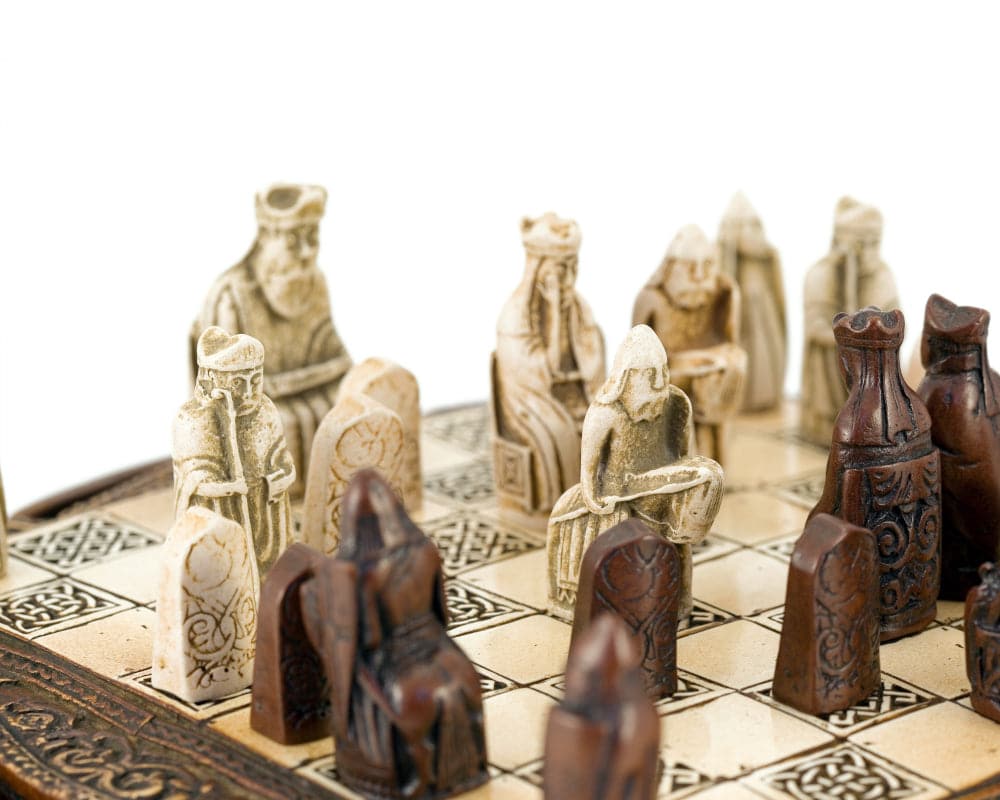 Isle Of Lewis Compact Celtic Chess Set with iconic miniature chessmen and stoneware board and case