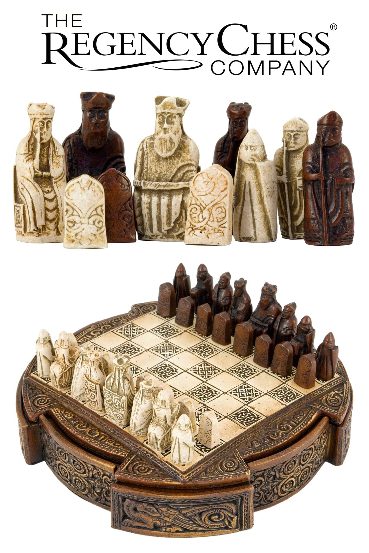 Isle Of Lewis Compact Celtic Chess Set on stoneware board by The Regency Chess Company