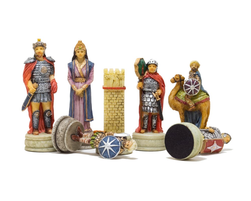 Hand painted Romans vs Arabs themed chess pieces by Italfama, featuring detailed historical figures and a 3.25 inch king.