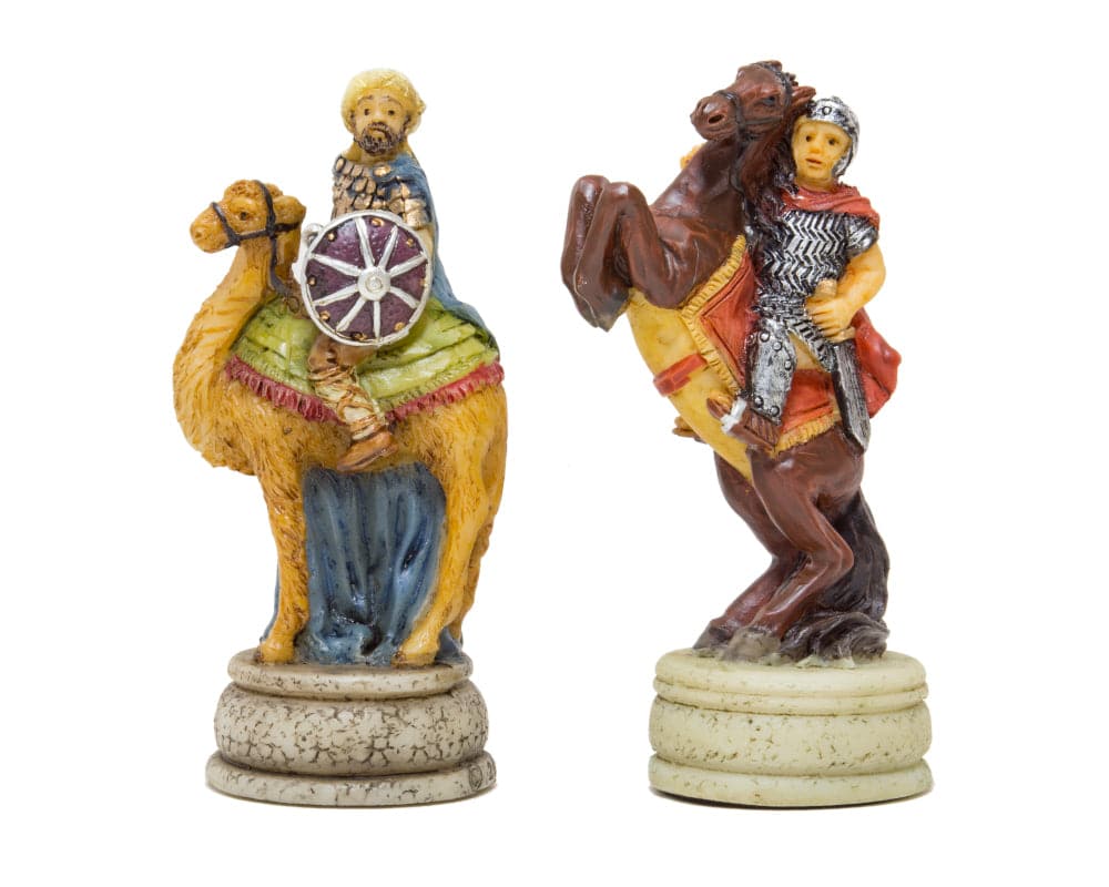 The Romans Vs Arabs hand painted themed chess pieces by Italfama showing detailed historical figures on camels.