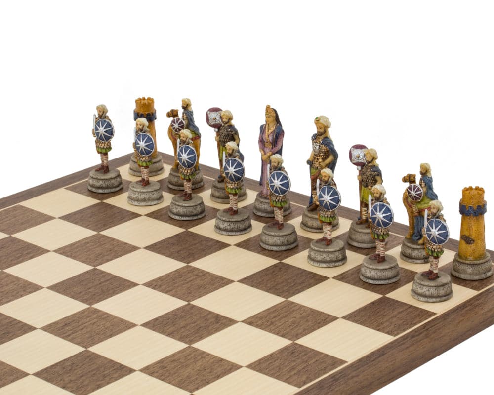 Hand painted Roman and Arab themed chess pieces on wooden board by Italfama.