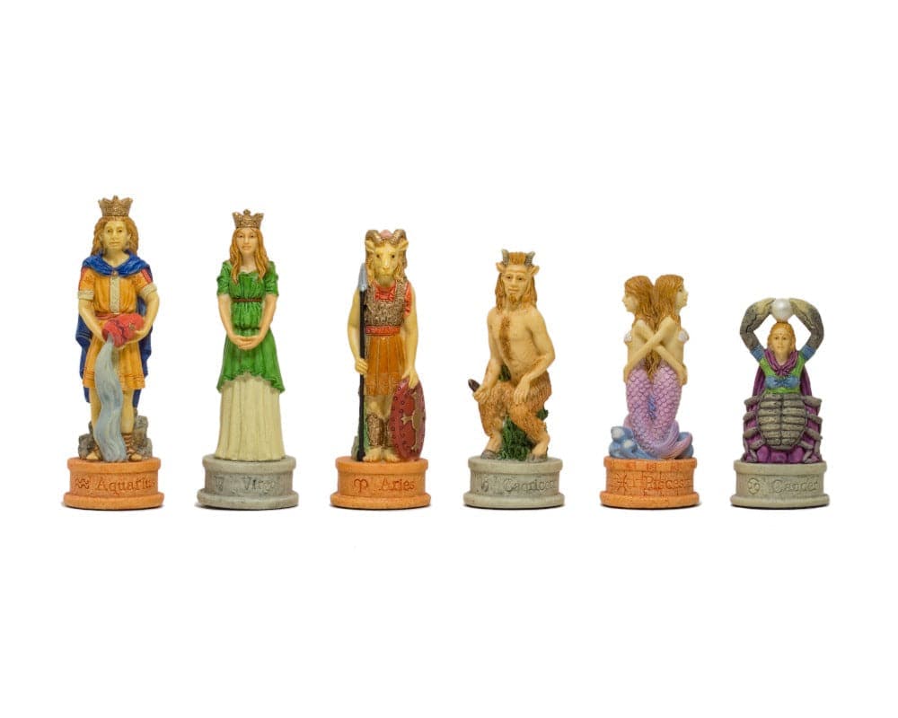 Hand painted Zodiac Italian themed chess pieces by Italfama, showcasing Leo, Aquarius, Virgo, Libra, and others.