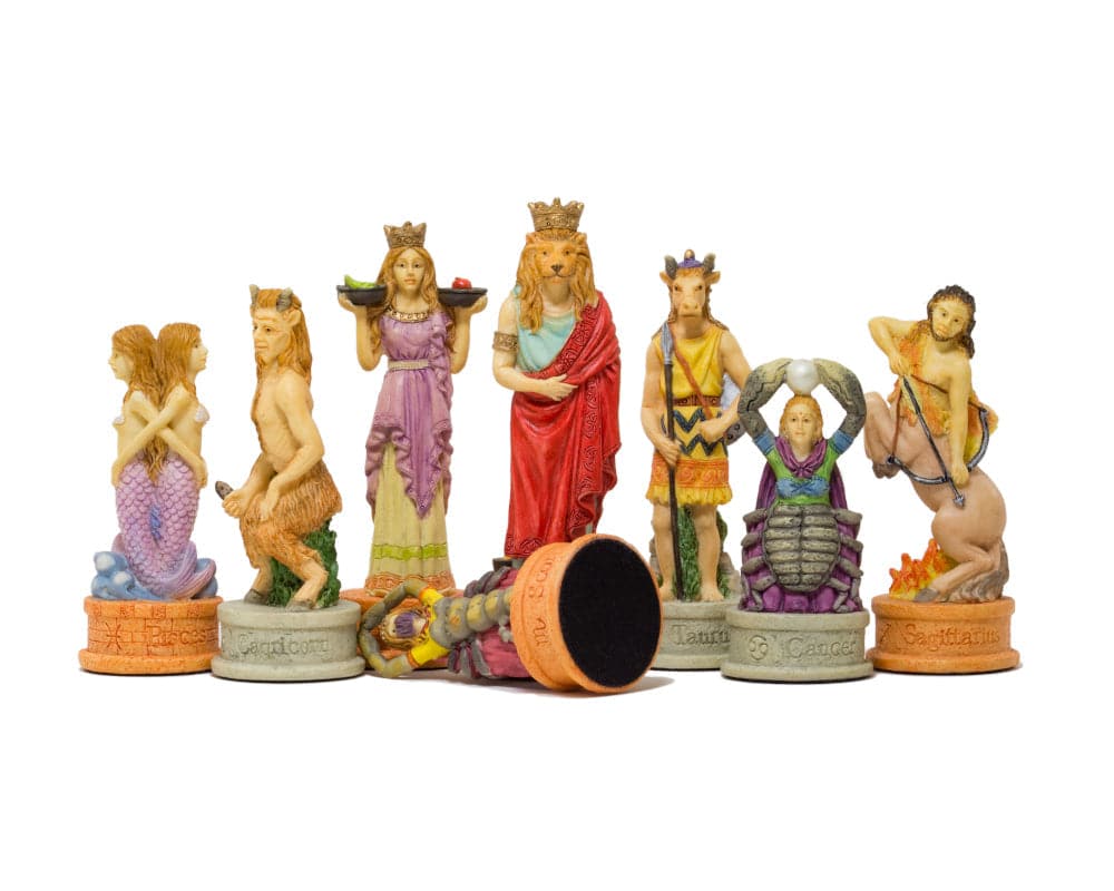 Hand-painted Zodiac chess pieces by Italfama featuring Leo, Aquarius kings, Virgo, and Libra. Ideal for a 15.75-inch board. Exquisite detail.