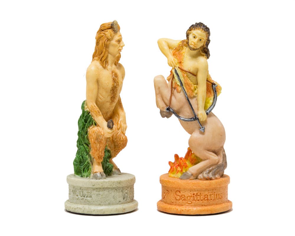 Hand-painted Italian themed Zodiac chess pieces by Italfama featuring Aquarius and Sagittarius, exquisite detail, ideal for 15.75-inch board