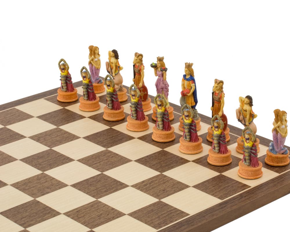 Hand-painted Zodiac themed Italian chess pieces by Italfama, beautifully crafted from crushed stone composite, set on a 15.75 inch board.