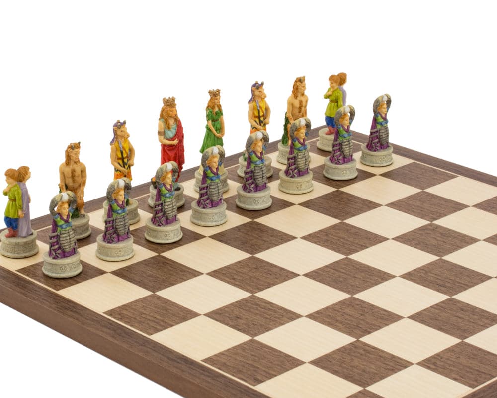 Hand painted Zodiac themed chess pieces by Italfama on a chessboard showing exquisite detail and craftsmanship.