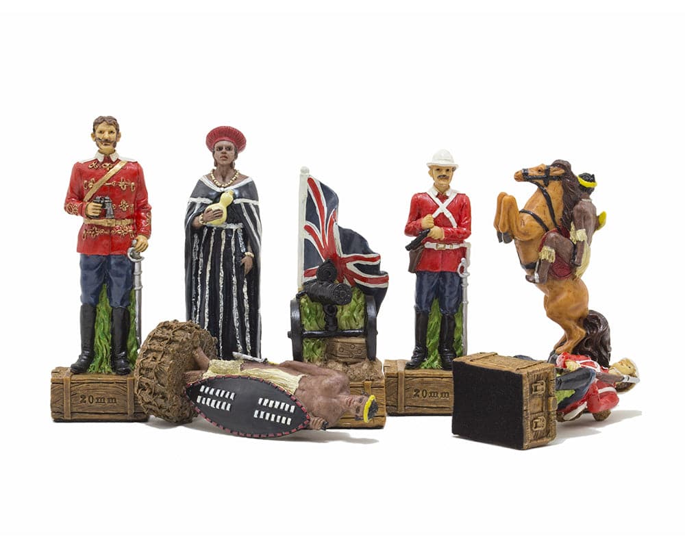 Hand painted British vs Zulus themed chess pieces by Italafama, featuring exquisite military and tribal figures, made in Italy.