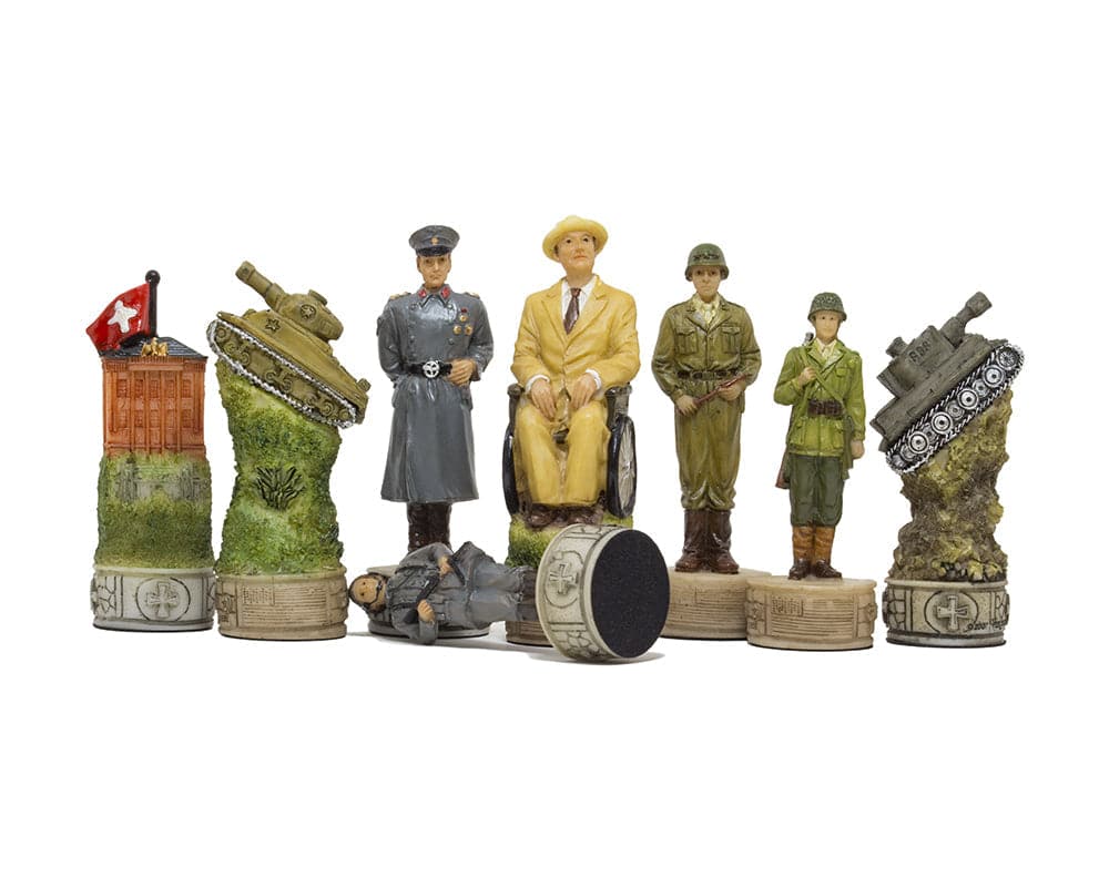 The Hitler Vs Roosevelt WW2 hand painted chess pieces by Italfama featuring detailed American and German figures.