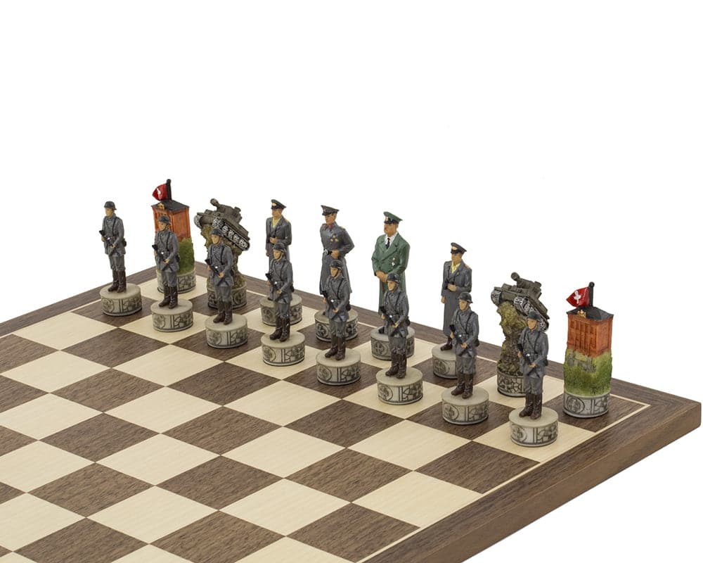 Hand painted themed chess pieces depicting figures from WWII on a chessboard by Italfama.