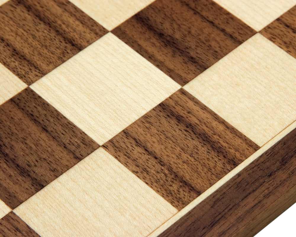 Close-up of 12.5 inch Walnut and Maple chess board with 1.35 inch playing squares, beautifully crafted by Rechapados Ferrer S.A. in Spain.