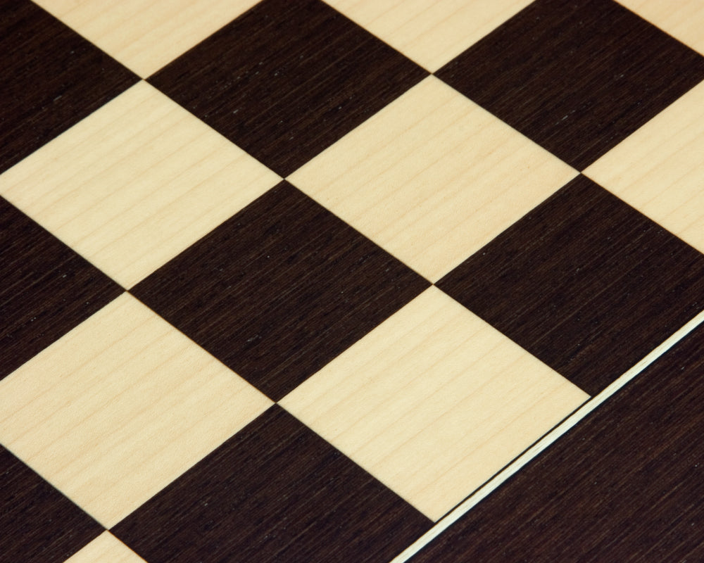 Close-up of 17.75 inch Wenge and Maple deluxe chess board showing high-quality craftsmanship with 1.75 inch playing squares.