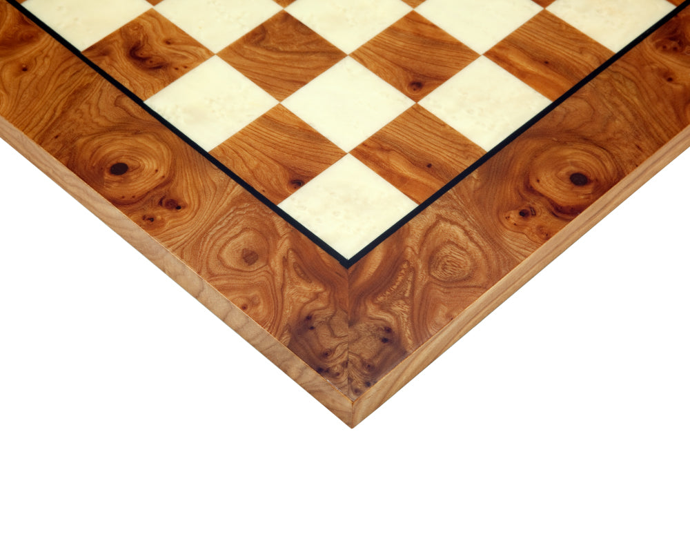 Close-up of 16.75 Inch Italian Briarwood and Elmwood Luxury Chess Board with 1.55 Inch Squares, showcasing quality lacquer finish and rich wood grain.