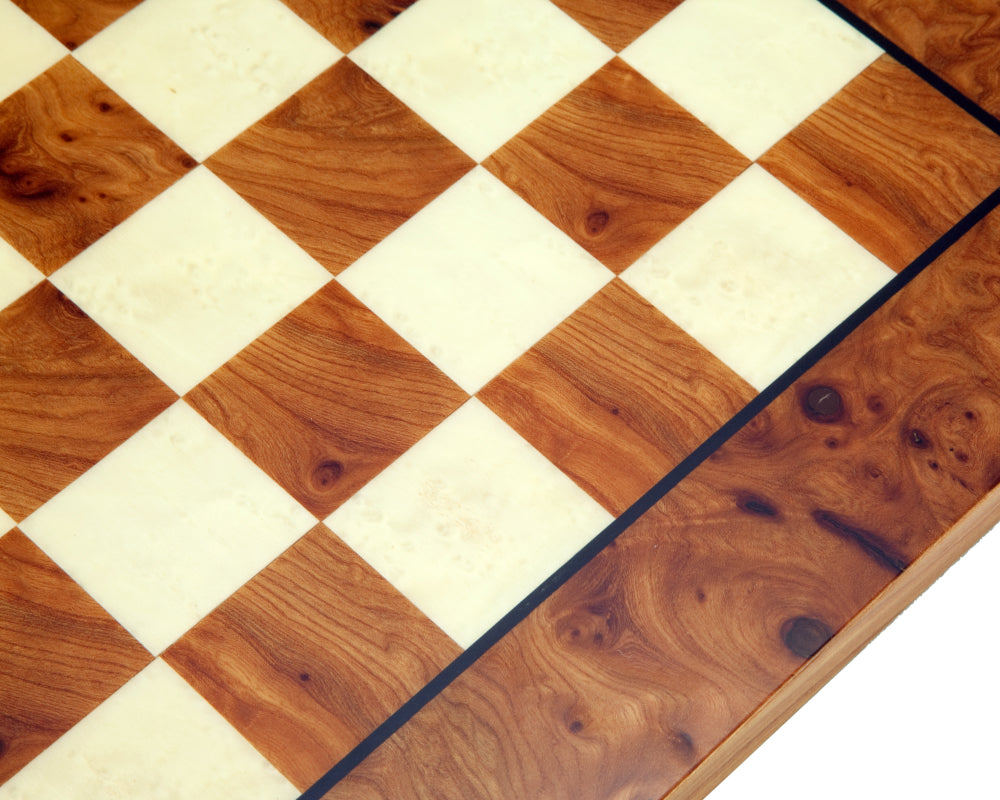 16.75 Inch Briarwood and Elmwood Luxury Chess Board with 1.55 inch playing squares, finely crafted in Italy with rich wood grain pattern.