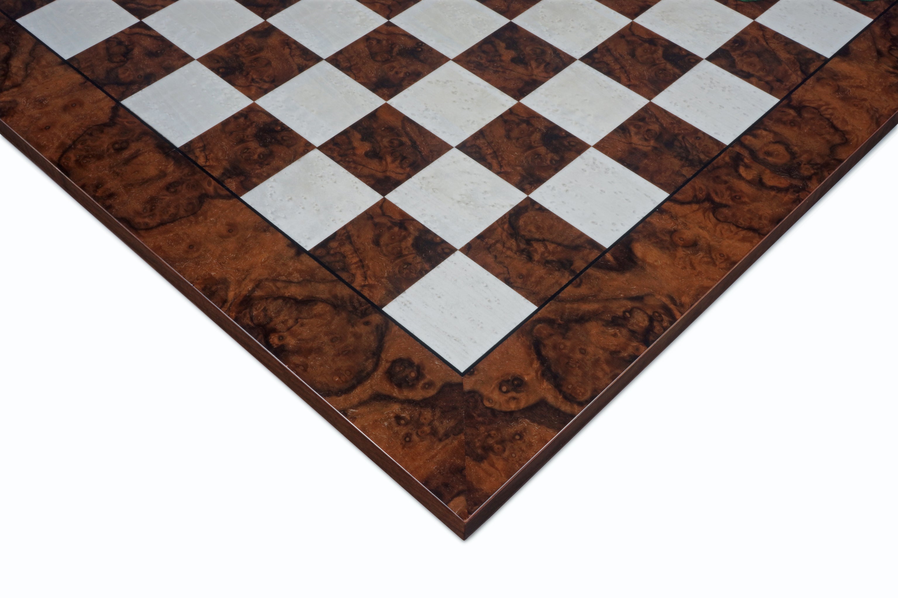 Dark walnut burl luxury Italian chess board with white and brown squares, 20.5-inch close-up image