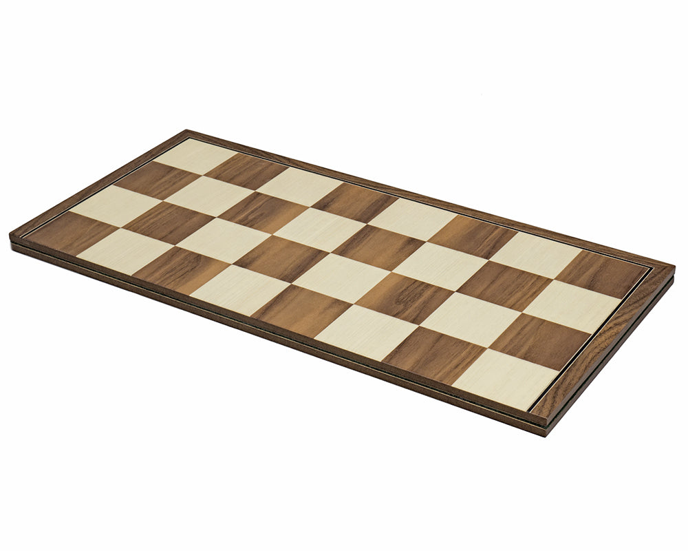 16.75 inch folding walnut and maple chess board made in Spain with 1.9 inch squares for 3.5-3.75 inch chessmen, ebonized border.