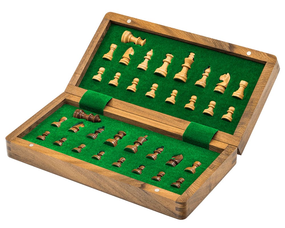 Deluxe Hardwood Folding Travel 10 inch Magnetic Chess Set with Staunton-style Wooden Chessmen in Felt-lined Storage.