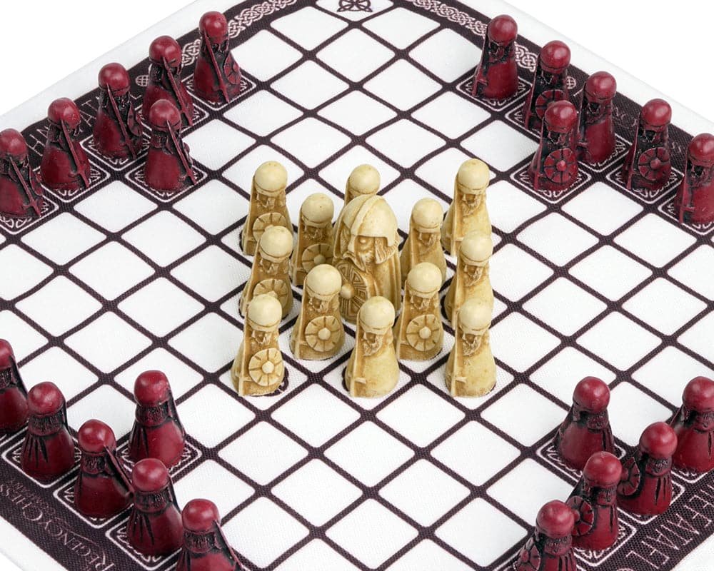 Hnefatafl - The Viking Game - Cardinal Edition board with white King, 12 white Defenders and 24 red Attackers, screen-printed linen surface