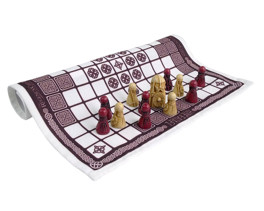 Hnefatafl - The Viking Game Cardinal Edition with screen-printed linen playing surface, white King, Defenders, and red Attackers set up