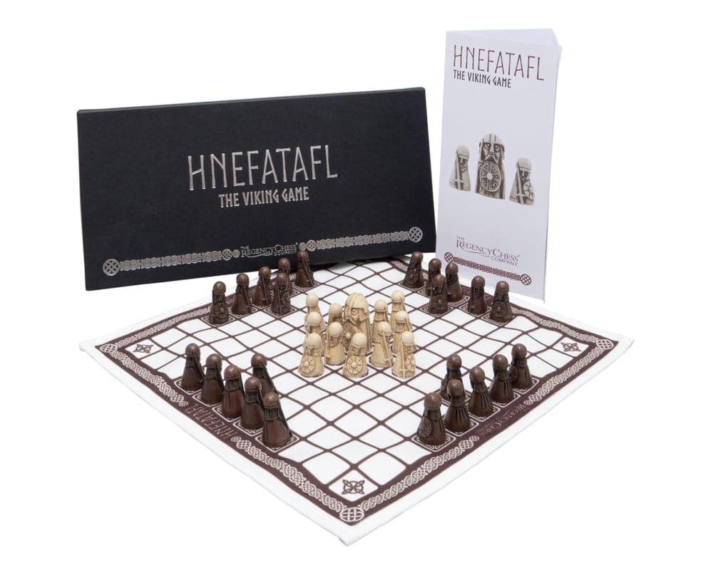 Hnefatafl Viking Game set with linen playing surface, gift box, and rules leaflet. Made in the UK. 1 white King, 12 white Defenders, 24 dark Attackers.