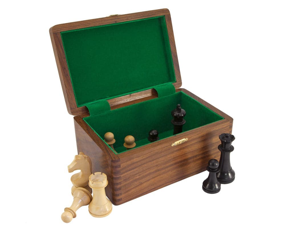 Polished solid wood chess case with hinged lid and padded interior, holding chess pieces, suitable for pieces up to 3.75 inches in height.