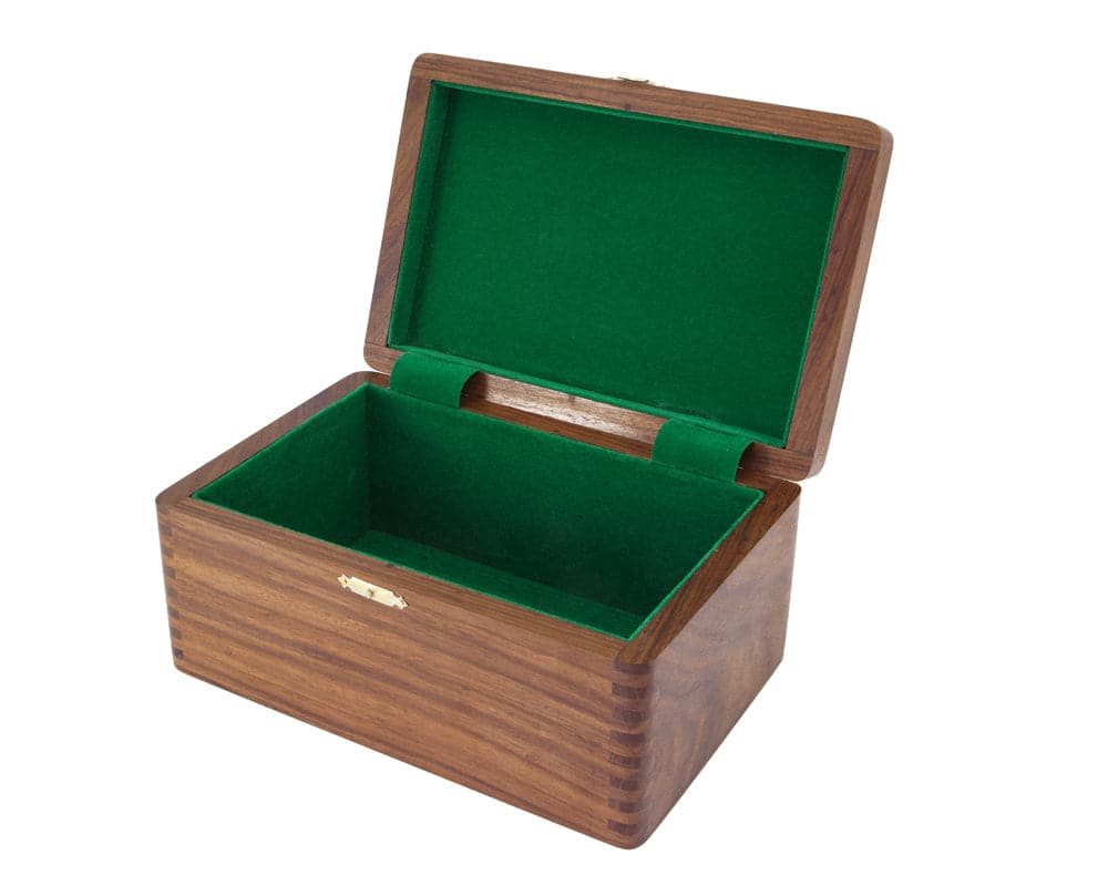 Polished solid wood chess case with hinged lid, green flocked interior, and padded compartment for 3.75-inch chess pieces, 9 by 4 inches