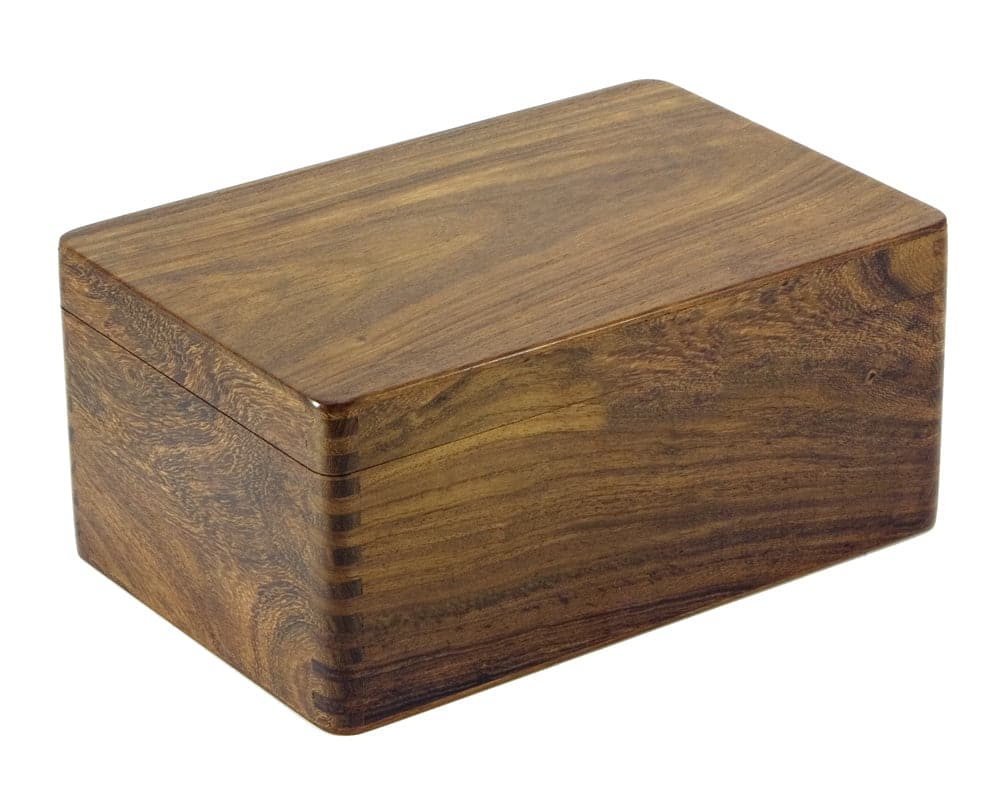 Polished solid wood chess case with hinged lid, measuring 9 by 4 inches, for storing chess pieces up to 3.75 inches in height.