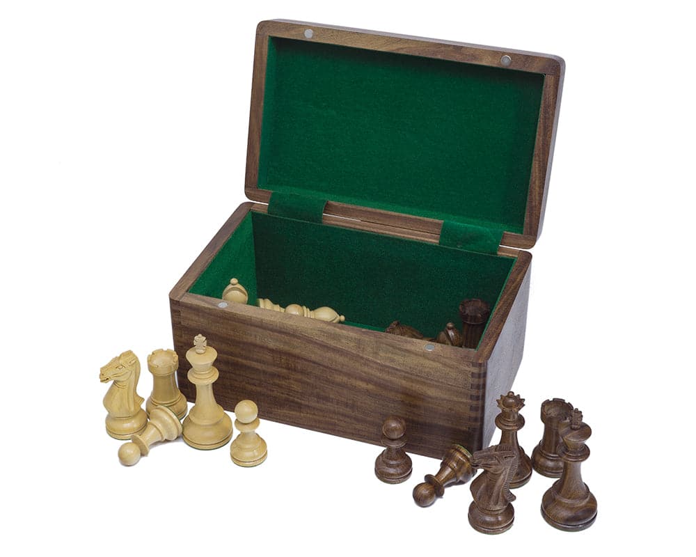 Polished Sheesham chess case with hinged lid and green flocked compartment, holding chess pieces, suitable for up to 4.5-inch pieces