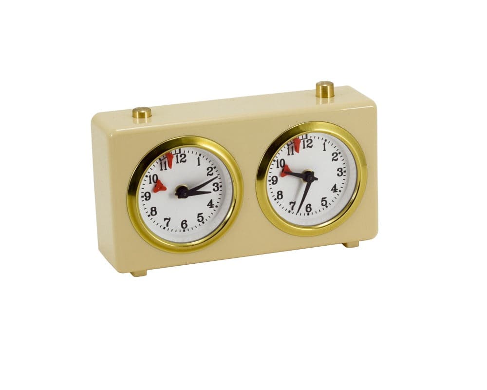 Turnier Chess Clock in glossy cream plastic with dual dials, wind-up mechanism, traditional design, made in Europe.