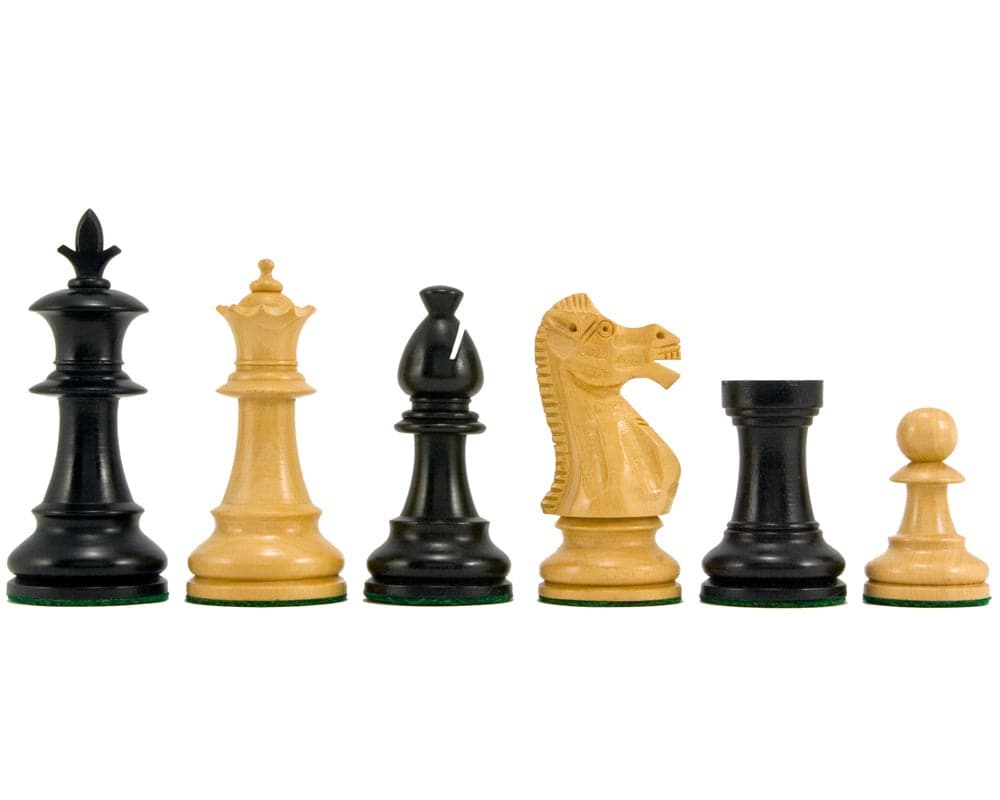 Flower Series Ebonised Staunton chess pieces set featuring detailed craftsmanship and 3.25-inch king, perfect for a 16-inch board.