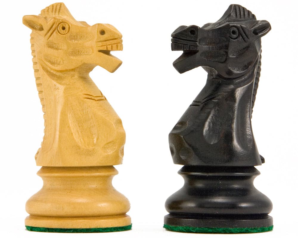 Ebonised boxwood knights from Flower Series Staunton Chess Pieces, 3.25 inches, featuring unique open-mouth design on a white background