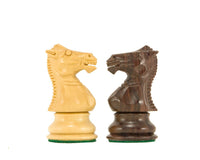 Windsor Series Rosewood Staunton chess knights in light and dark wood finish, showcasing detailed craftsmanship and design.