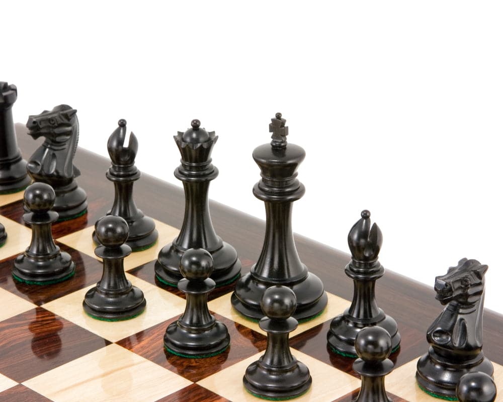 Old English Elite Series Ebony Staunton Chess Pieces 3.5-inch set arranged on chessboard