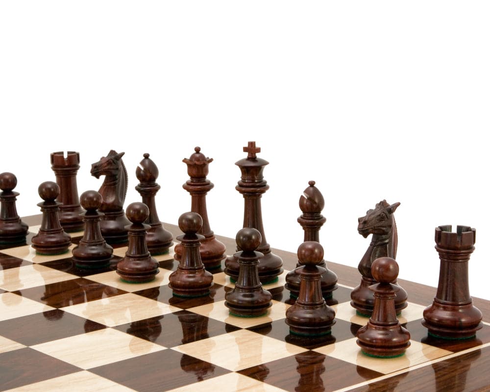 Templar Series Rosewood Luxury Chess Pieces arranged on a chessboard, highlighting Staunton-influenced design with a 4-inch king.