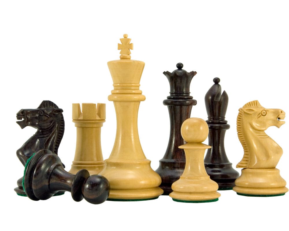 Sicilian Series Rosewood and Boxwood Staunton Chess Pieces 3.75 Inches showing weighted and balanced craftsmanship with billiard cloth bases.