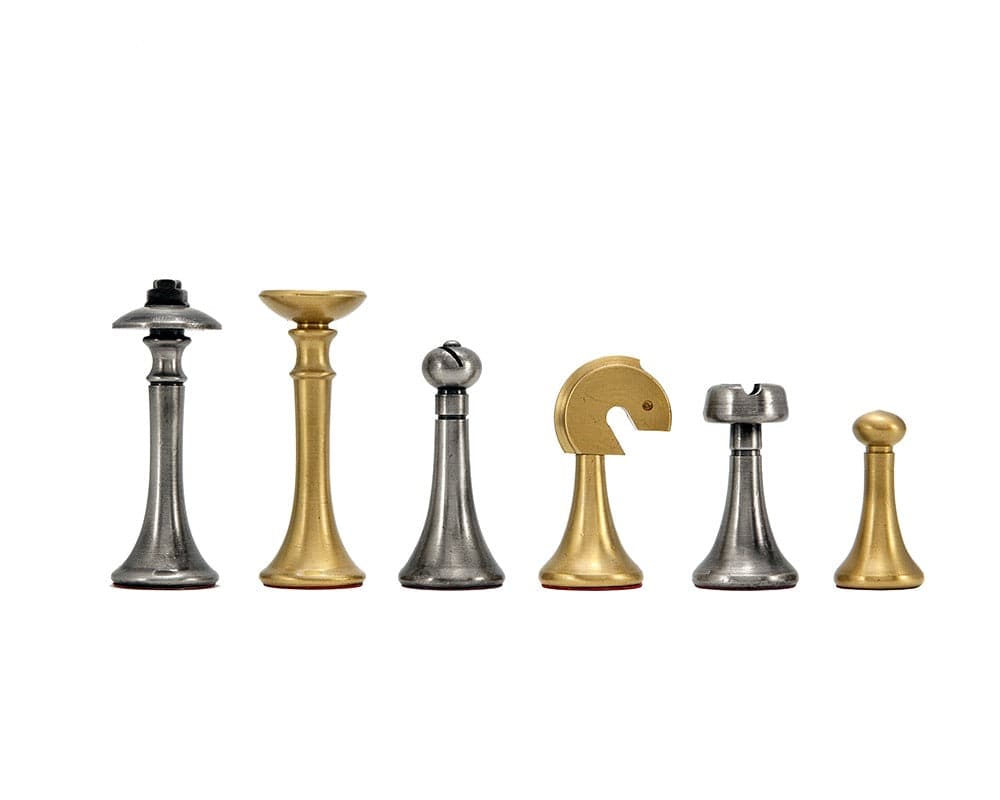 Metropolis Series 2.75 Inch Brass and Nickel Chess Pieces with minimalist design and striking Italian craftsmanship.