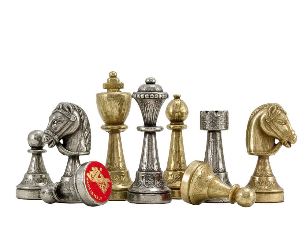 Finnesburg Series Brass and Nickel Chess Pieces with Elm Burl and Maple Veneers, Expertly Crafted in Italy, 3 inches King Height